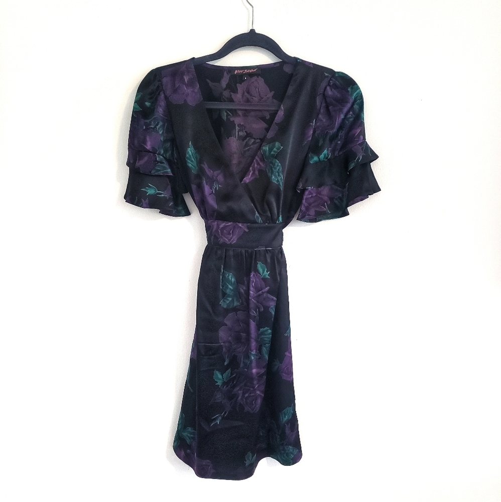 Betsey Johnson Black Slik Dress w/ Purple Flowers